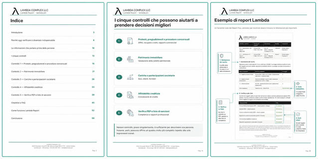 Tre pagine della guida Lambda: indice, panoramica dei cinque controlli ed esempio di report